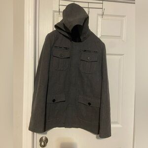 Structure Coat Men Small Grey Wool Pea Button Jacket Lined Adult Hooded Pockets